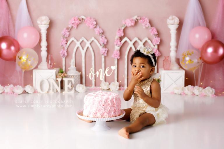 cake smash photographer near Atlanta, baby girl with pink and gold set