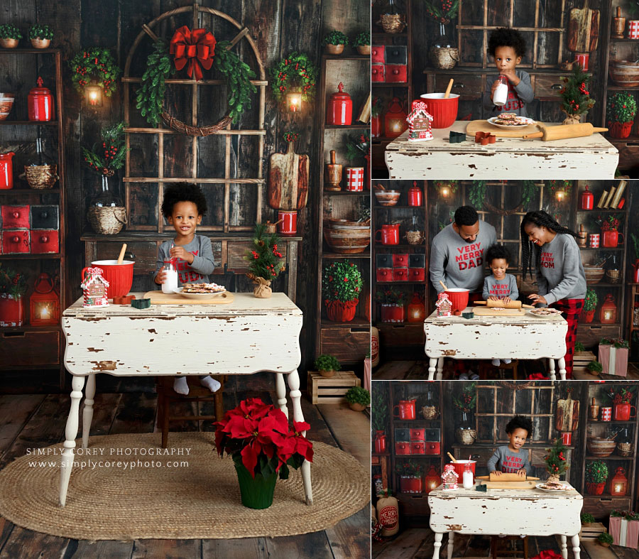 Atlanta Christmas mini session photographer, family baking in studio kitchen set