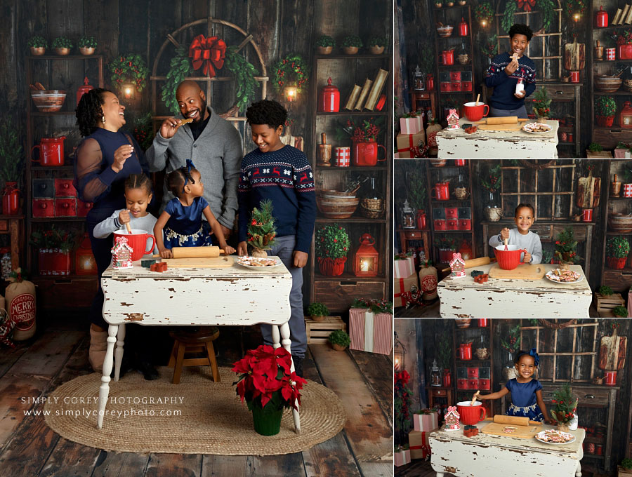 Villa Rica Christmas mini session photographer, family on studio kitchen set