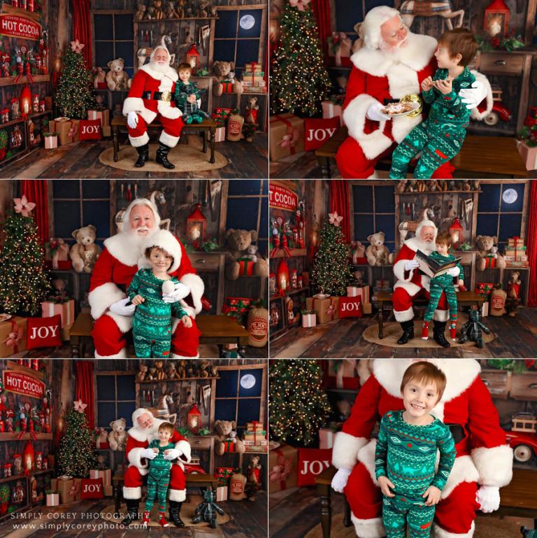 Carrollton Santa mini session photographer, boy in dinosaur Christmas pajamas