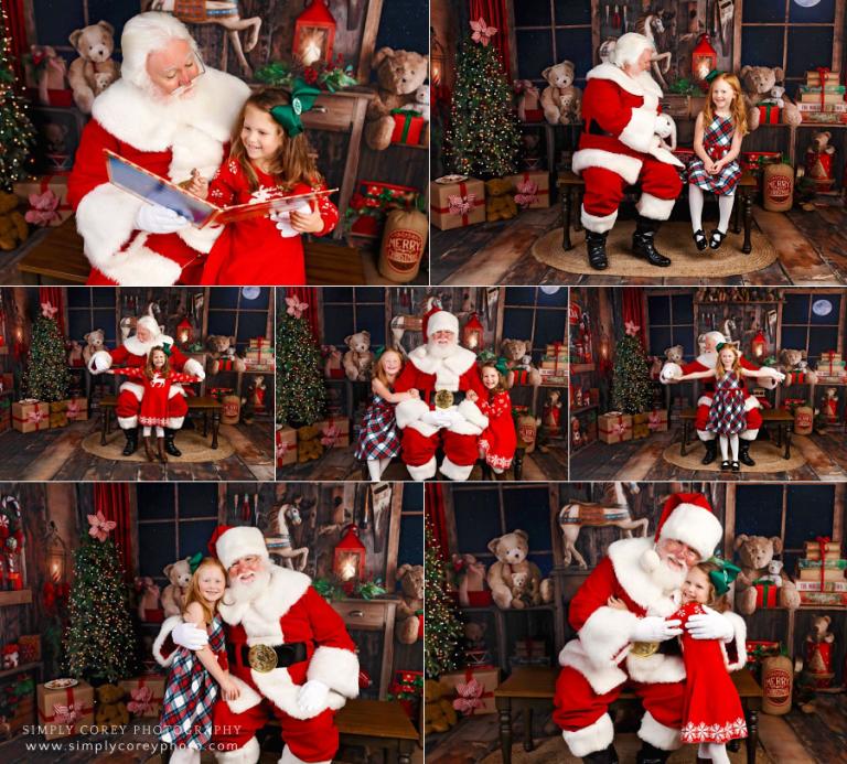 Douglasville Santa Claus mini session photographer, sisters in Santa's workshop