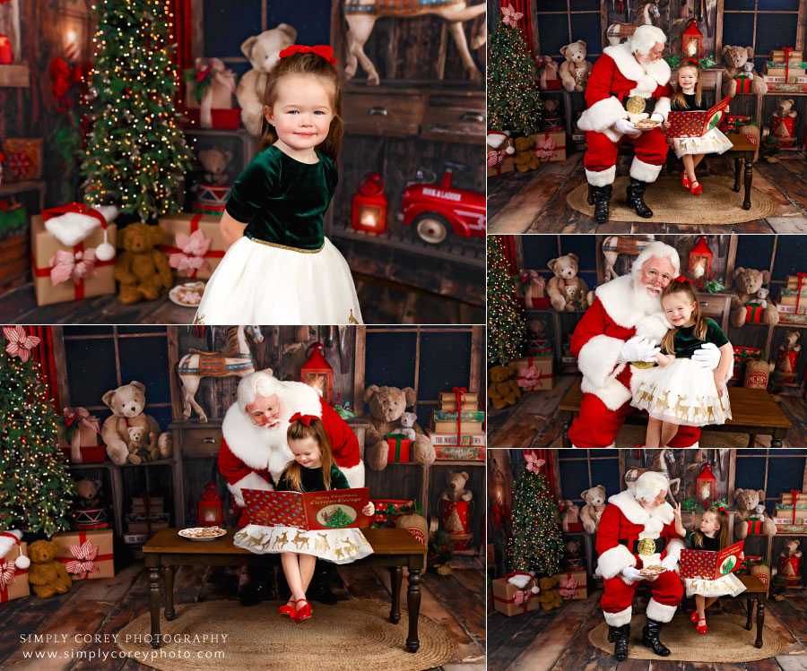 Newnan Santa Claus mini session photographer, girl reading book with Santa