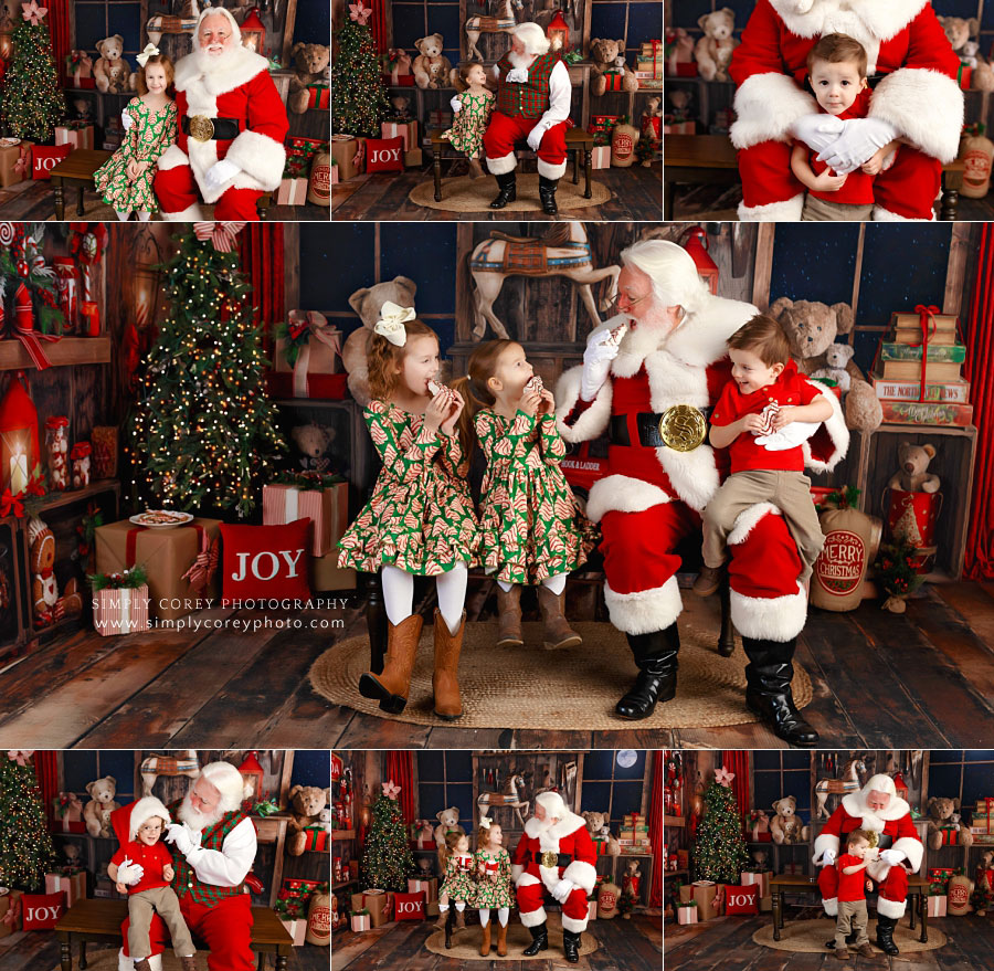 Newnan Santa Claus mini sessions, kids eating Litte Debbie tree cakes with Santa