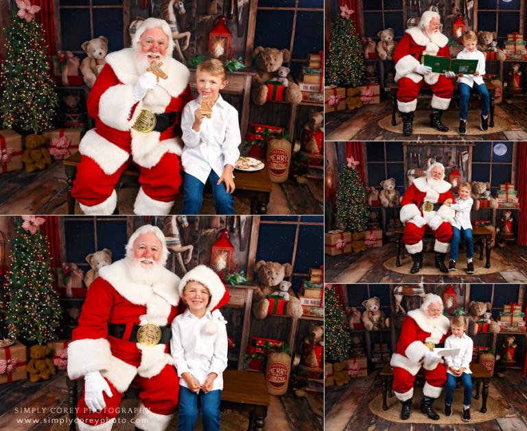 Santa Claus mini session photographer near Dallas, GA; boy laughing with Santa