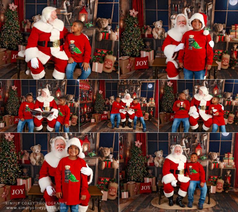 Santa Claus mini session photographer in Douglasville, twin boys wearing Santa's hat