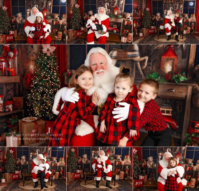 Santa Claus mini session photographer near Villa Rica, siblings hugging Santa