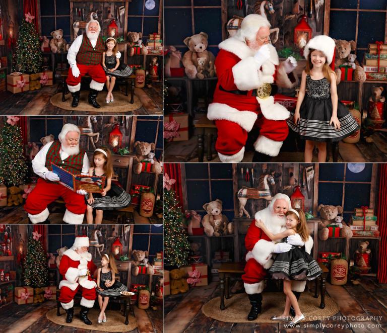 Santa Claus mini sessions in Cumming, girl in fancy black dress visiting Santa