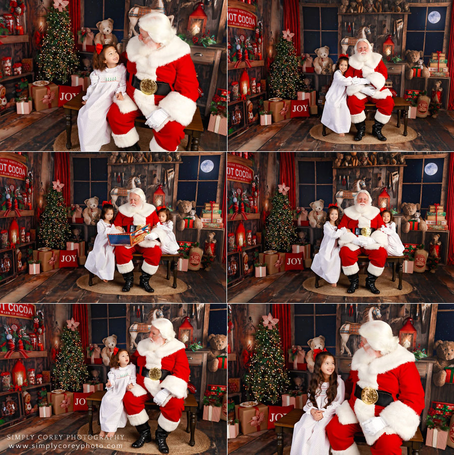 Santa Claus mini sessions near Villa Rica, sisters in classic nightgowns talking to Santa