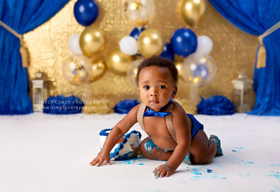 Atlanta cake smash photographer, blue and gold little prince studio theme