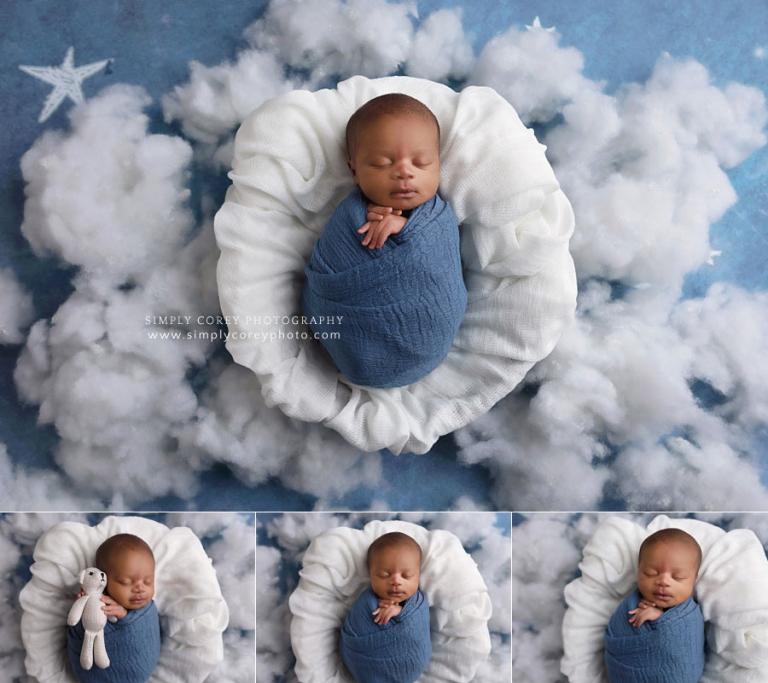 Douglasville newborn photographer, baby boy in blue with clouds and stars