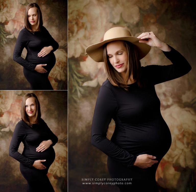 Carrollton maternity photographer in GA, pregnancy portraits in black dress and hat