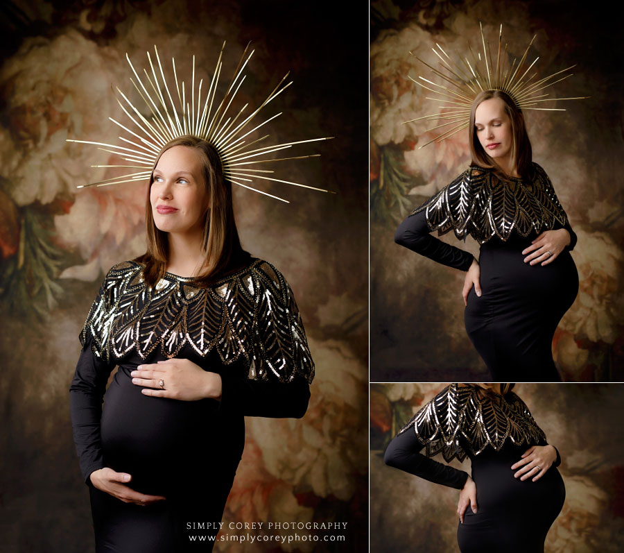 maternity photographer near Douglasville, expecting mom in black with gold crown