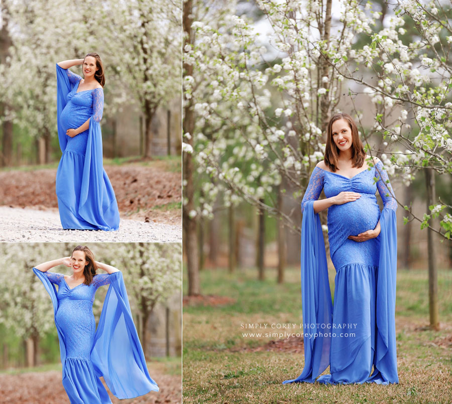 maternity photographer near Hiram, outdoor spring portraits with tree blossoms