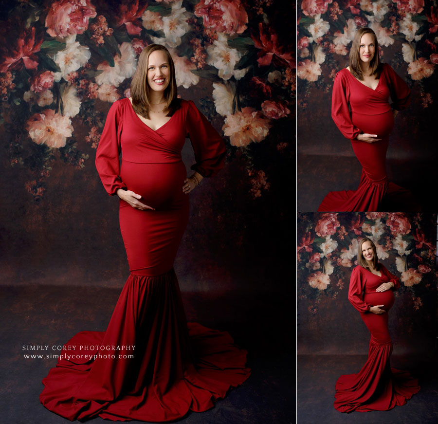 maternity photographer near Peachtree City, studio portraits in a red dress