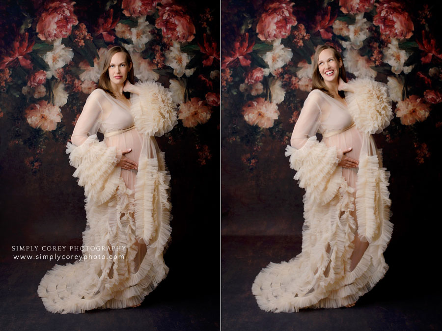 Villa Rica maternity photographer, studio portraits with tulle robe and floral backdrop