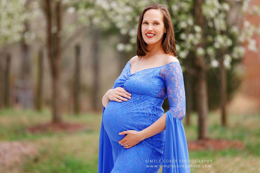 West Georgia maternity photographer, outdoor spring session with tree blossoms