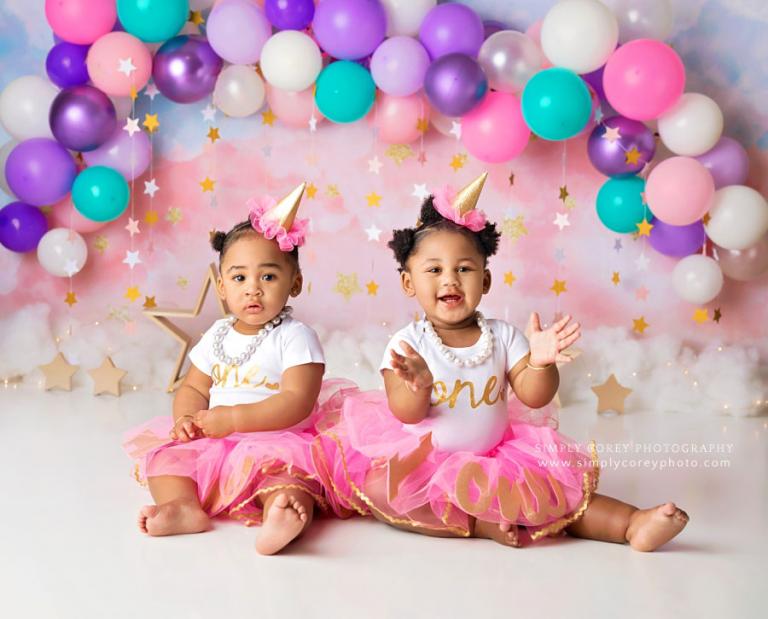 Atlanta baby photographer, twin girls in tutus with stars and balloons