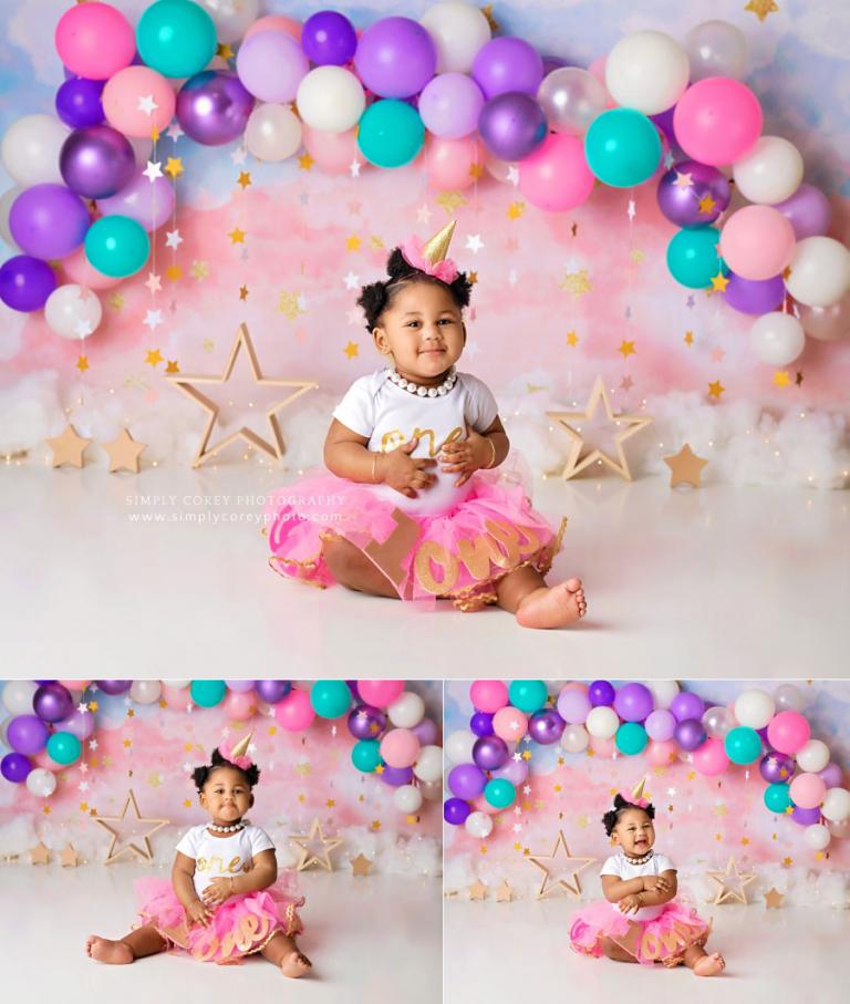 Douglasville baby photographer, girl in pink tutu with balloons and stars