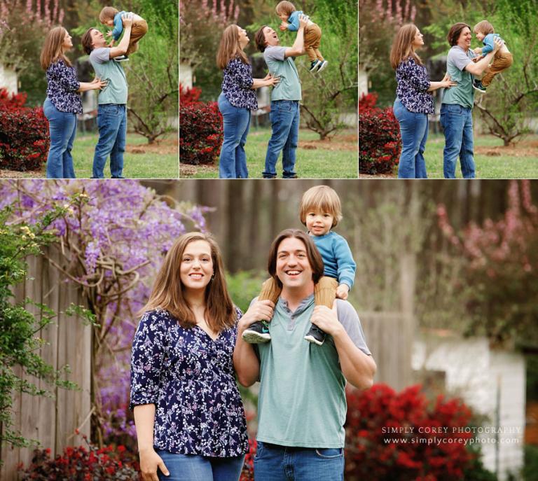 family photographer near Douglasville, family playing outside near spring blossoms