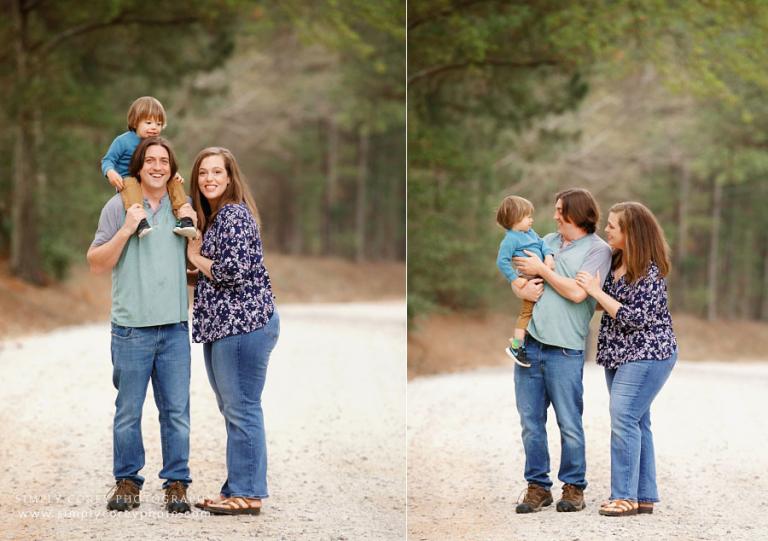 Newnan family photographer, parents and child on country road in spring