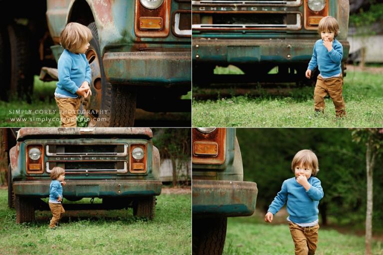 photographer near Villa Rica, child outside by large vintage Chevrolet truck