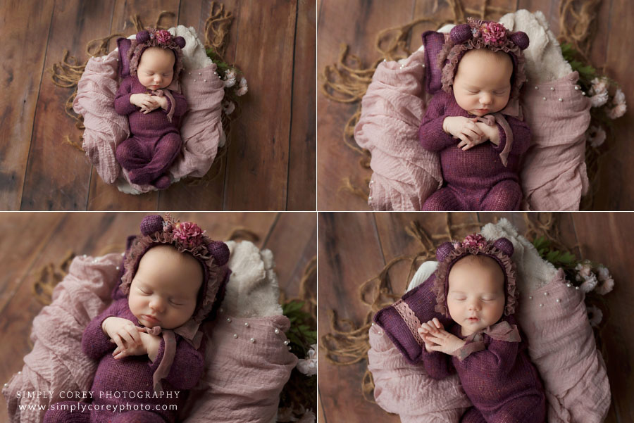 Douglasville newborn photographer, baby girl in purple teddy bear sleeper set