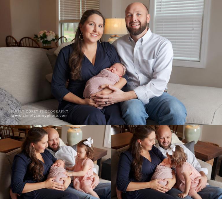 Villa Rica photographer, family with newborn baby on couch at home