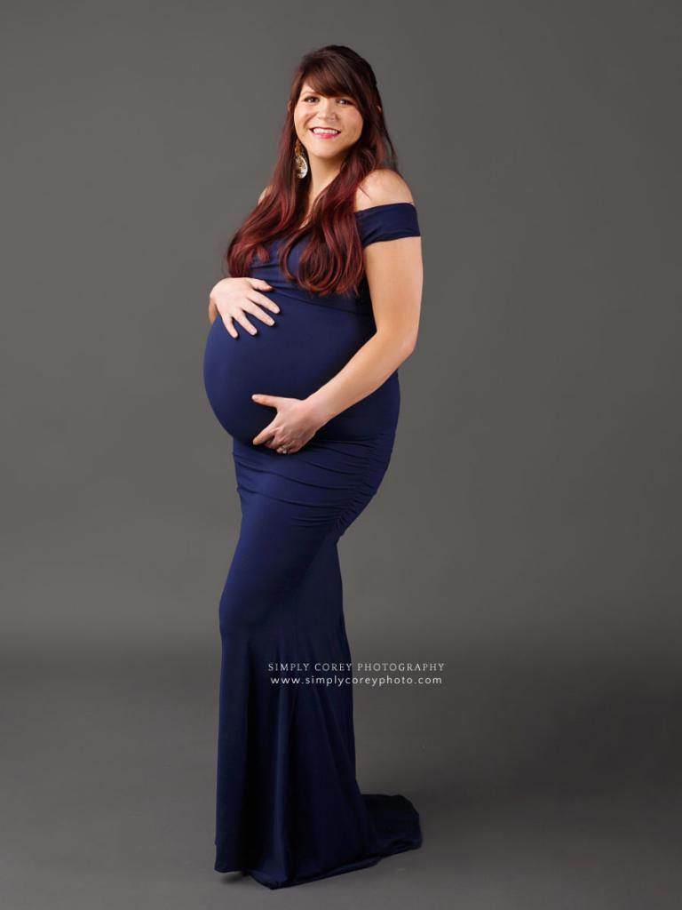 maternity photographer near Carrollton, GA; pregnancy portrait in blue dress