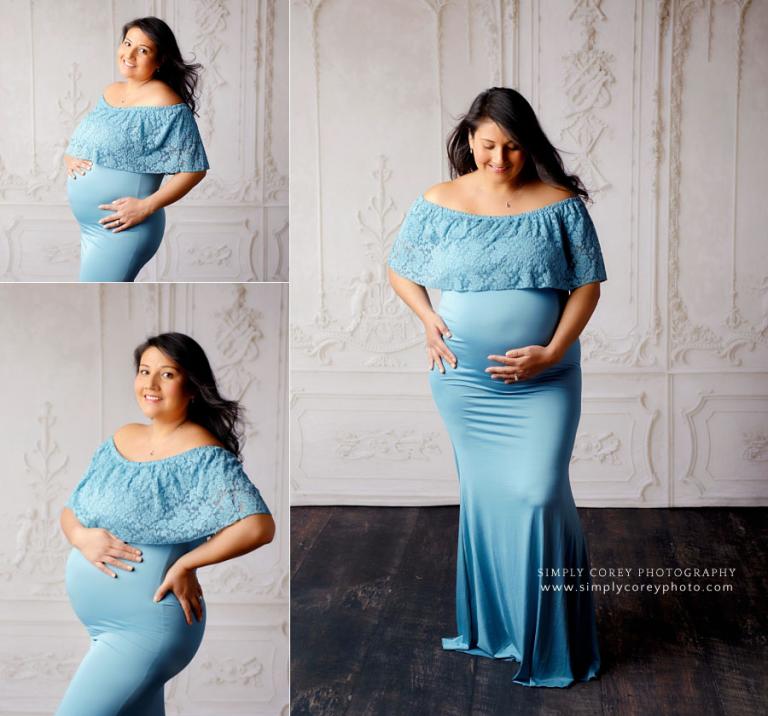 Villa Rica maternity photographer, mom in blue dress with lace in studio