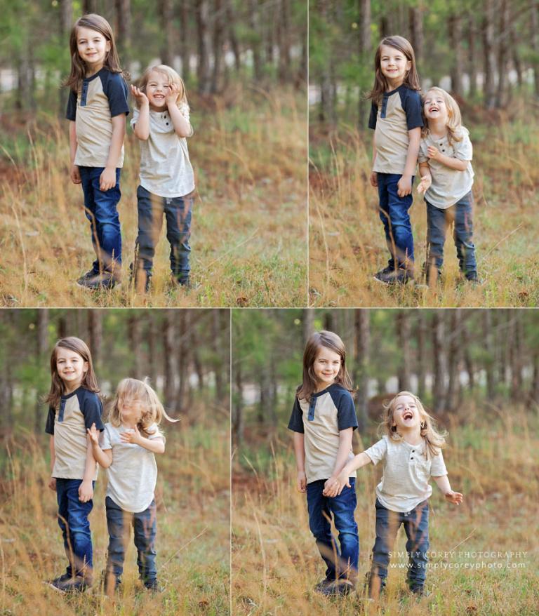 family photographer near Dallas, GA; outdoor portraits of kids being silly