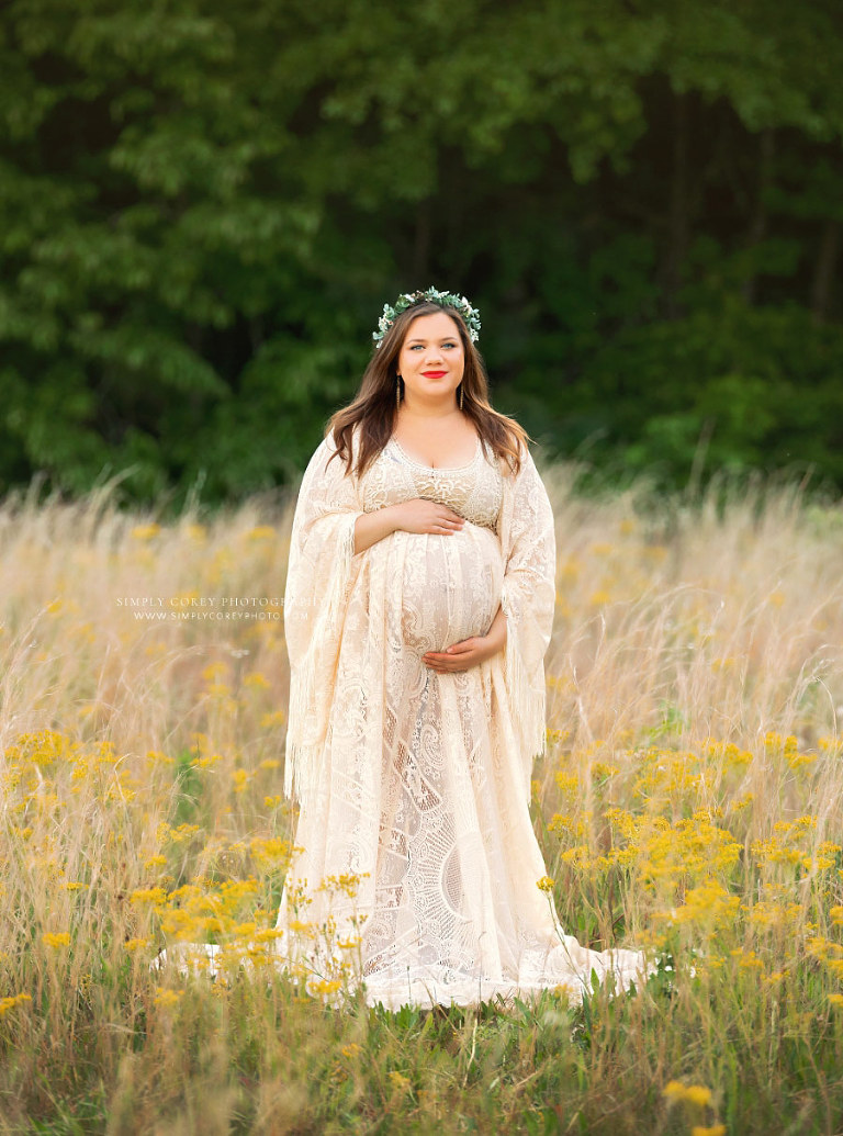 maternity photographer near Atlanta, outdoor pregnancy portrait in lace boho gown