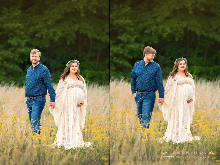 maternity photographer near Carrollton, GA; portraits of a couple outside in a field