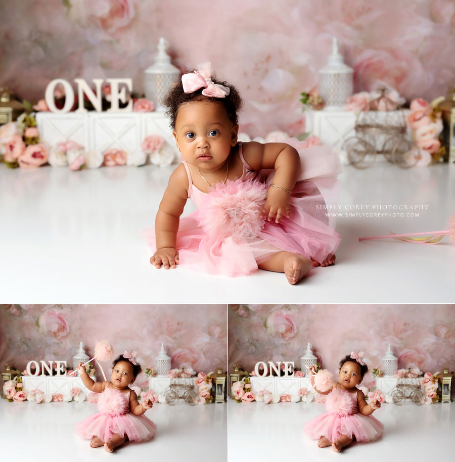 baby photographer near Atlanta, one year old in pink tulle dress before cake smash
