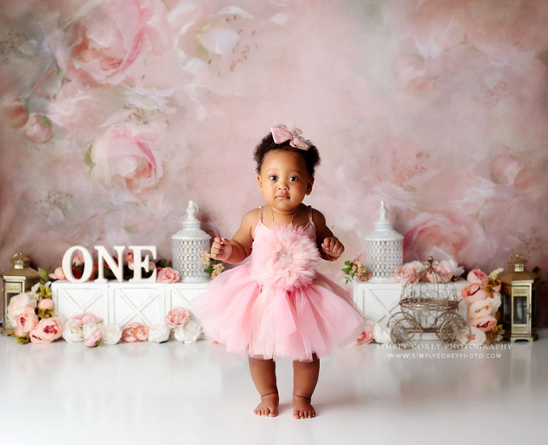 baby photographer near Carrollton, GA; pink floral princess studio set