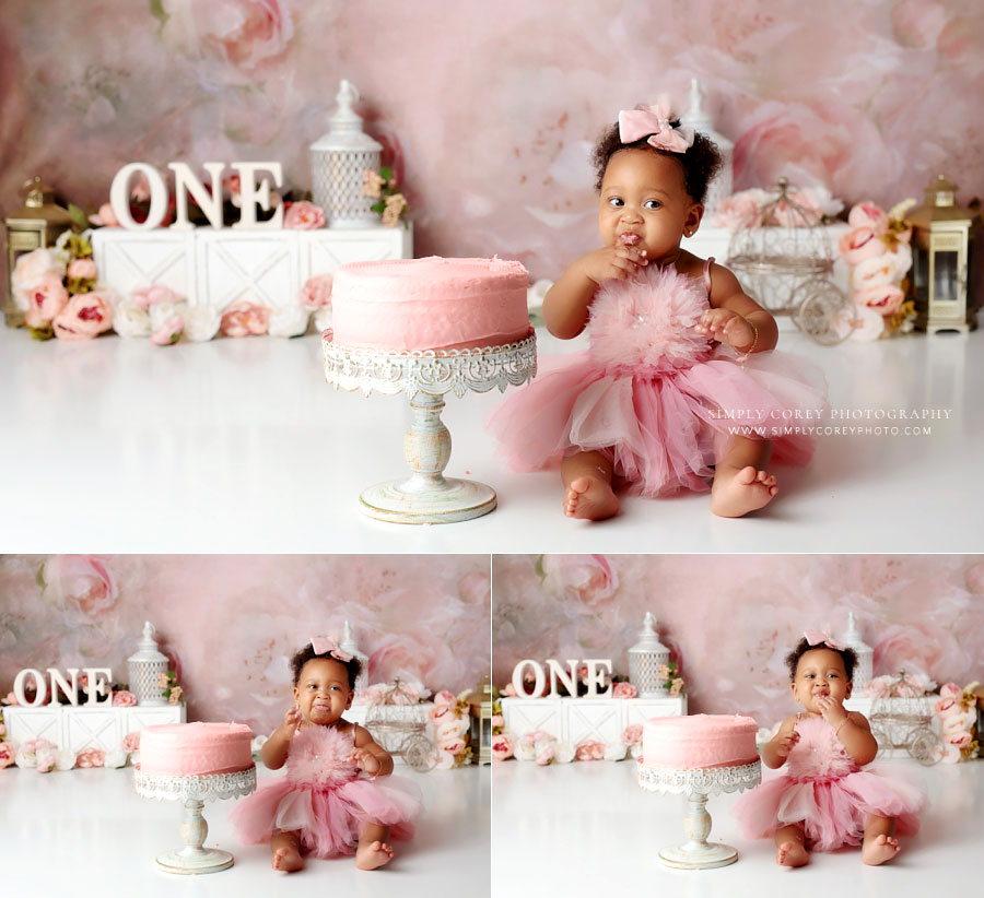 Douglasville cake smash photographer, baby girl eating pink cake