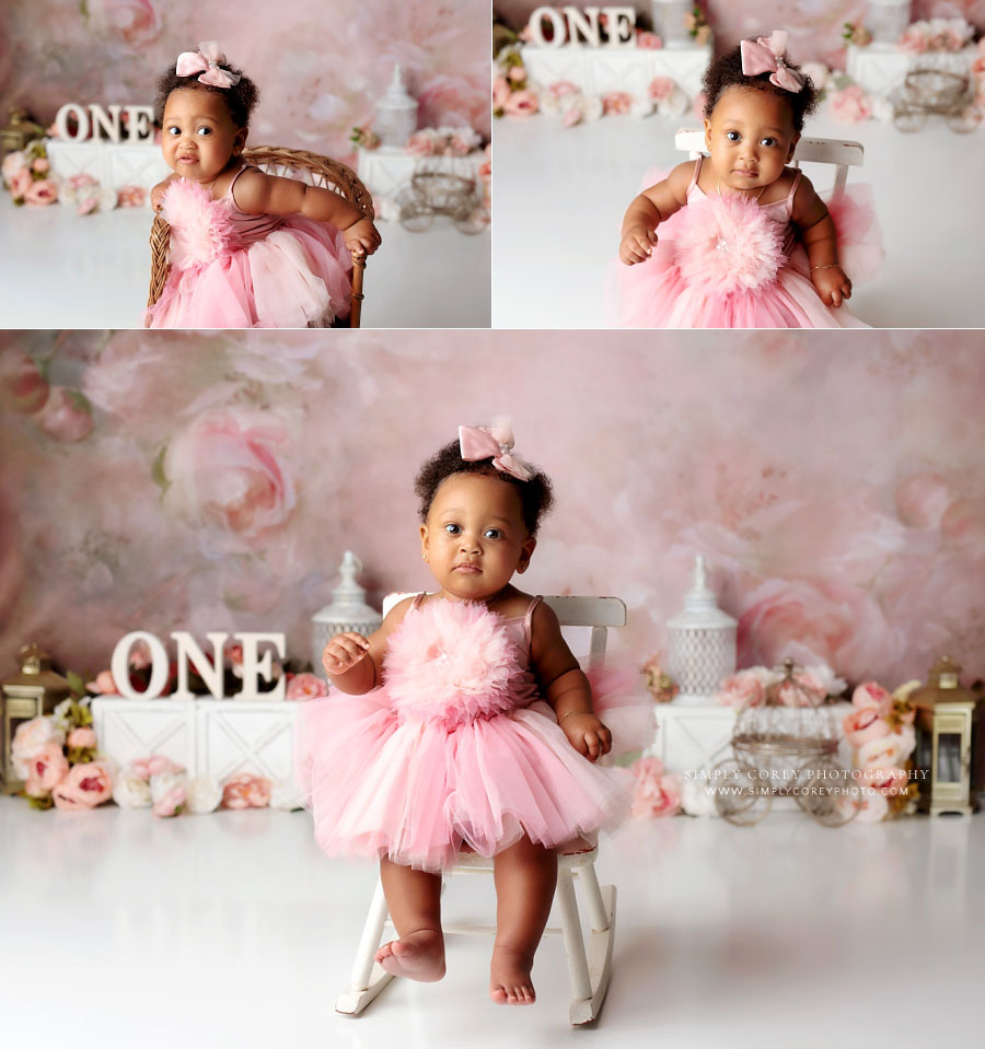 Hiram baby photographer, pink floral princess studio cake smash session