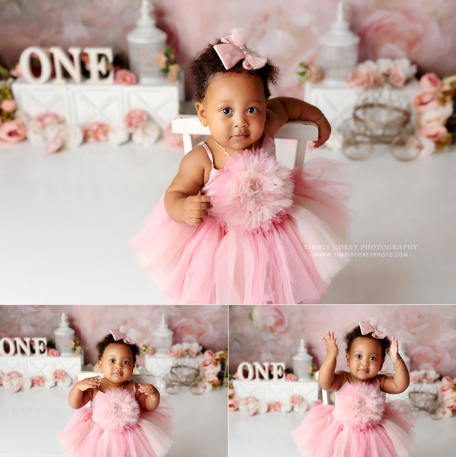 Newnan baby photographer, girl in pink tulle dress before cake smash