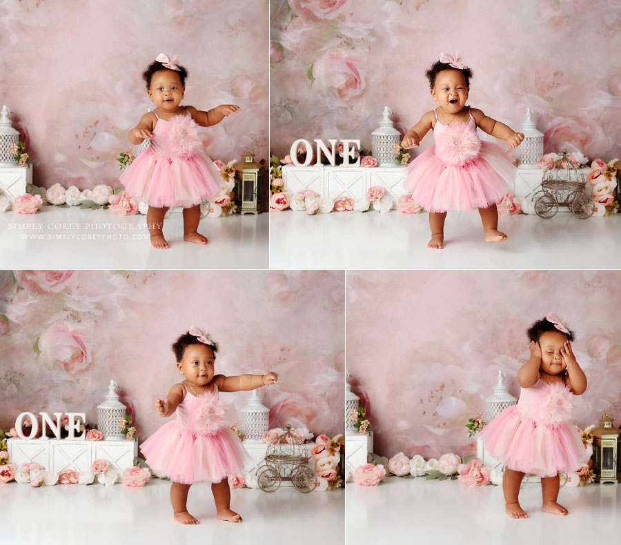Peachtree City baby photographer, pink floral princess studio cake smash