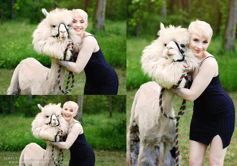 Atlanta senior portrait photographer, teen outside on farm with alpaca