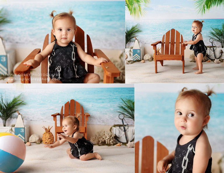 Bremen baby photographer, studio milestone session with beach set and Louis Vuitton bikini