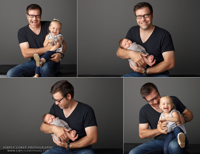 newborn photographer near Dallas, GA; family portraits of dad with toddler and new baby