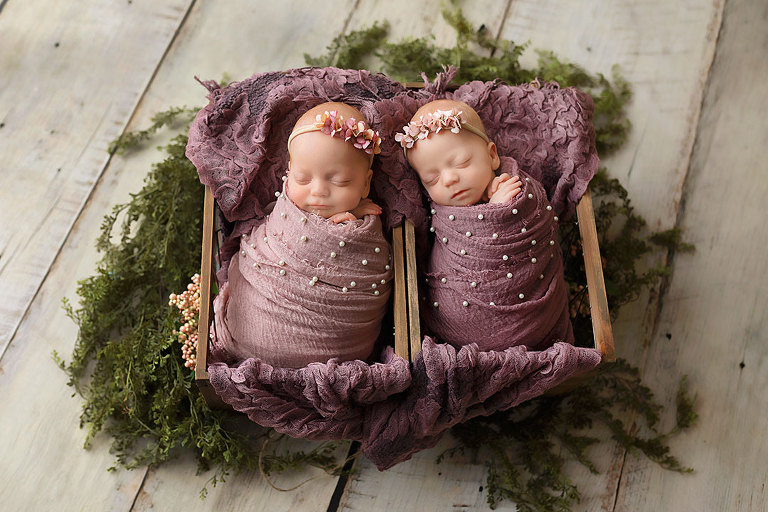 Douglasville newborn photographer west of Atlanta, twin girls in purple