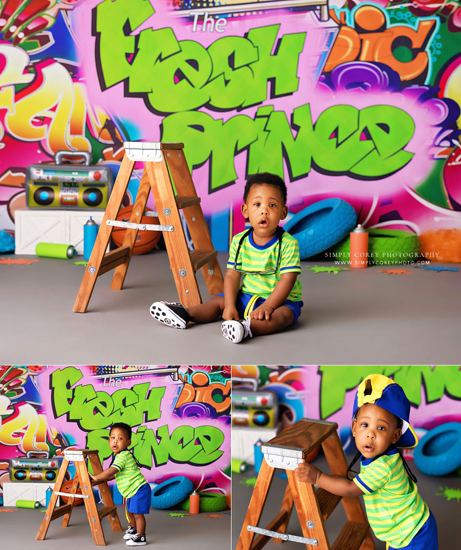 baby photographer in West Georgia, boy with ladder on fresh prince studio set