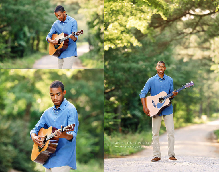 senior portrait photographer near Douglasville, teen boy on country road with acoustic guitar