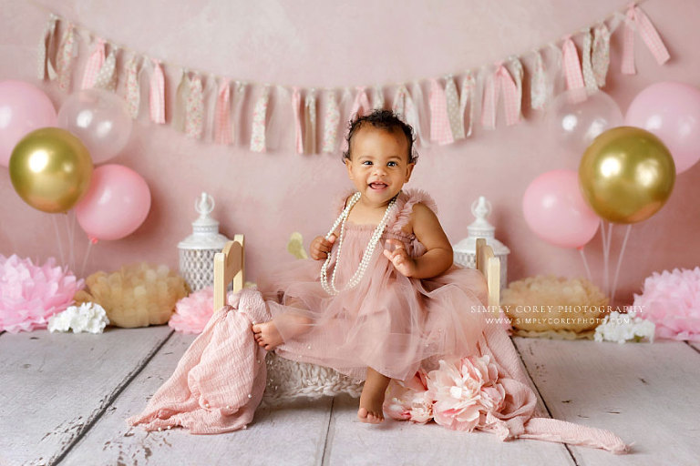 Atlanta baby photographer, baby girl pink and gold studio theme with balloons