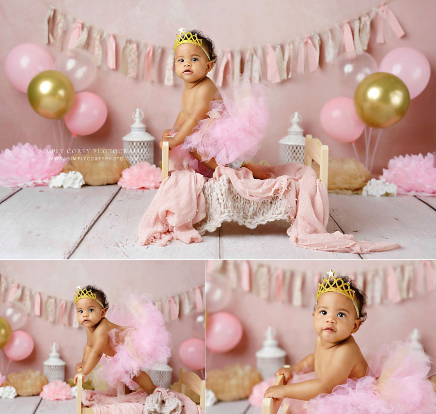 baby photographer near Dallas, GA; pink and gold studio milestone session for one year old