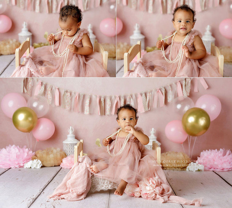 baby photographer near Douglasville, studio milestone session with pink and gold