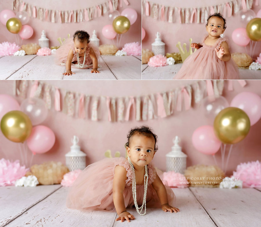 baby photographer near Lithia Springs, girl in pink tulle and pearls for milestone photography session