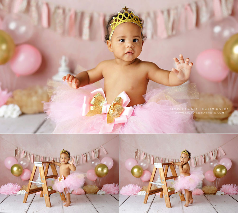 baby photographer near Newnan, girl in pink and gold tutu set for milestone photography session