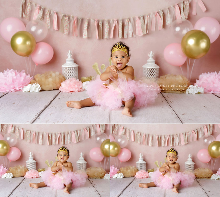 baby photographer near Villa Rica, studio milestone session for girl in pink tutu and crown